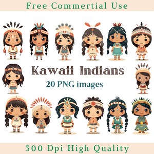 Kawaii Indians Clipart, Cute Indian Clip Art, Spirit People Image, Commercial Use, Bundle Transparent Background picture, 300 DPI, Ethnic PNG