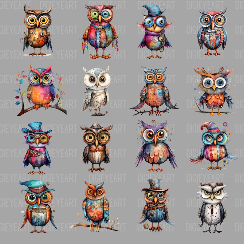 May include: A digital collage of 16 colorful owls with different patterns and accessories. The owls are painted in a whimsical style with bright colors and intricate details.