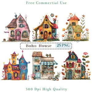 Caprichosa Boho House Clipart, Mixta Boho House CU Clip Art Png, Imagen de edificio lindo, Casa de sublimación, Scrapbooking de gráficos florales para el hogar