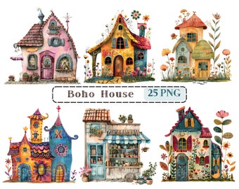 May include: Set of 25 digital illustrations of whimsical, colorful, and detailed boho houses. Each house has a unique design with intricate details and patterns. The illustrations are perfect for creating digital or printed projects.