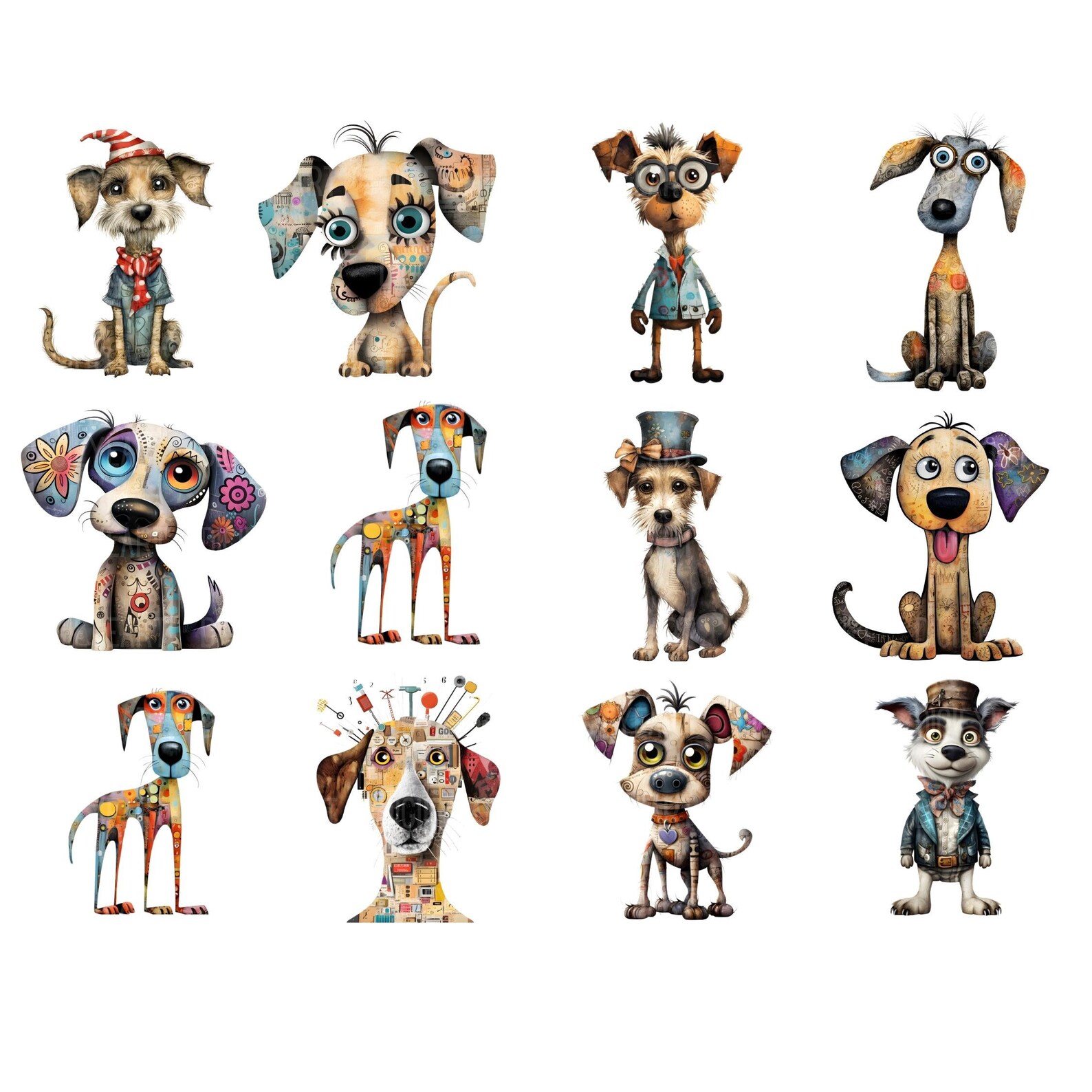 Whimsical Dogs Clipart, Quirky Dog Clip Art, Mixed Media Dog PNG ...