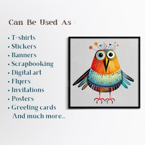 Puede incluir: Una ilustraci&oacute;n colorida de estilo de dibujos animados de un p&aacute;jaro con ojos grandes, un pico rojo y un cuerpo estampado. El p&aacute;jaro est&aacute; de pie sobre dos patas y tiene una corona de flores en la cabeza. La ilustraci&oacute;n est&aacute; sobre un fondo gris.