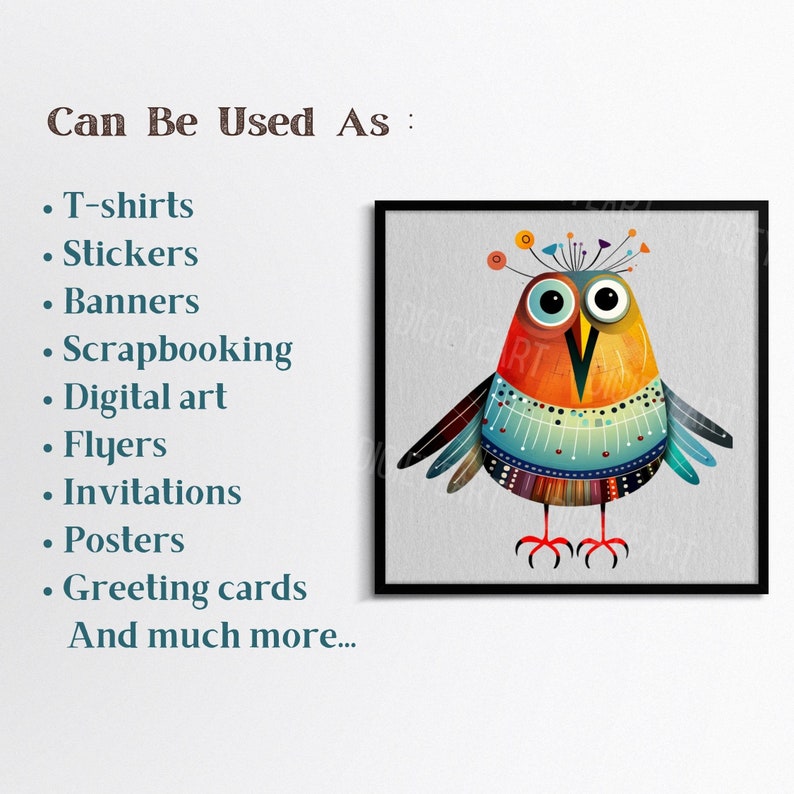 Puede incluir: Una ilustraci&oacute;n colorida de estilo de dibujos animados de un p&aacute;jaro con ojos grandes, un pico rojo y un cuerpo estampado. El p&aacute;jaro est&aacute; de pie sobre dos patas y tiene una corona de flores en la cabeza. La ilustraci&oacute;n est&aacute; sobre un fondo gris.