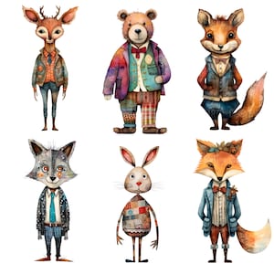 Peut inclure: Six illustrations &agrave; l'aquarelle d'animaux v&ecirc;tus. Un cerf, un ours, un renard, un loup, un lapin et un renard portent tous des v&ecirc;tements &agrave; motifs diff&eacute;rents.