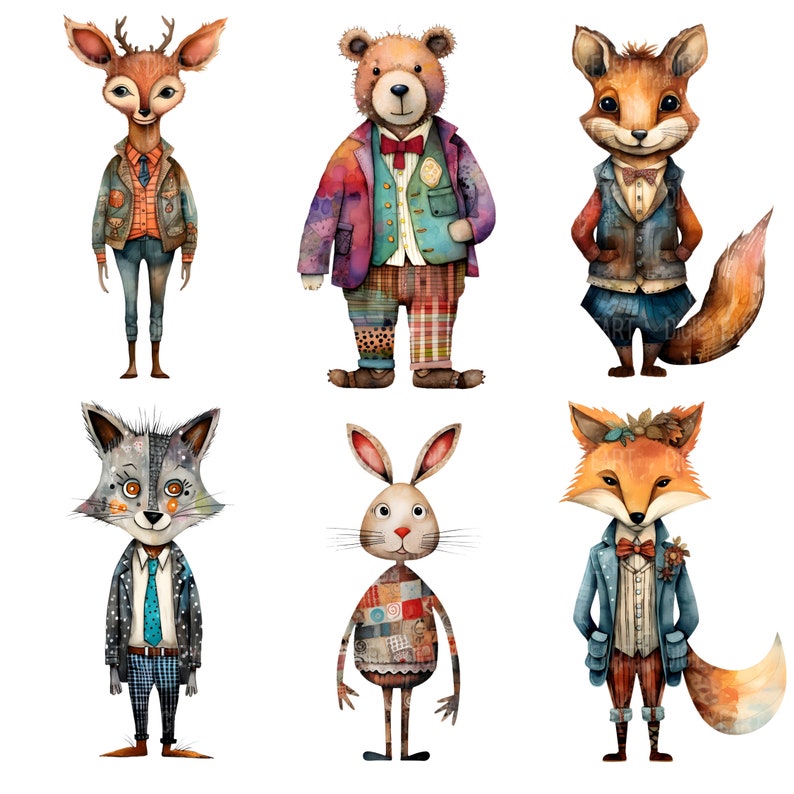 Peut inclure: Six illustrations &agrave; l'aquarelle d'animaux v&ecirc;tus. Un cerf, un ours, un renard, un loup, un lapin et un renard portent tous des v&ecirc;tements &agrave; motifs diff&eacute;rents.