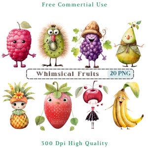 Imágenes prediseñadas de frutas caprichosas, imágenes prediseñadas CU de frutas extravagantes de medios mixtos, gráficos de bayas divertidas PNG, elementos caprichosos, manzana, plátano, personajes de kiwi