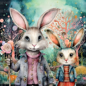 Peut inclure: Deux lapins blancs aux longues oreilles, portant des vestes bleues et se tenant dans un d&eacute;cor de for&ecirc;t fantaisiste. Le lapin de gauche tient une fleur rose sur un b&acirc;ton. L'arri&egrave;re-plan pr&eacute;sente des arbres color&eacute;s et un ciel bleu avec des &eacute;toiles.