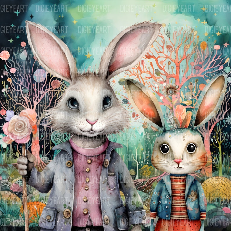 Peut inclure: Deux lapins blancs aux longues oreilles, portant des vestes bleues et se tenant dans un d&eacute;cor de for&ecirc;t fantaisiste. Le lapin de gauche tient une fleur rose sur un b&acirc;ton. L'arri&egrave;re-plan pr&eacute;sente des arbres color&eacute;s et un ciel bleu avec des &eacute;toiles.