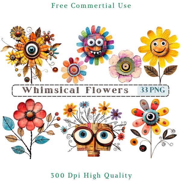 Whimsical Flowers Clipart, Quirky Flower Clip Art, Whimsical Elements, Transparent Background, Flower Graphics Png, Funny Flower CU Clipart