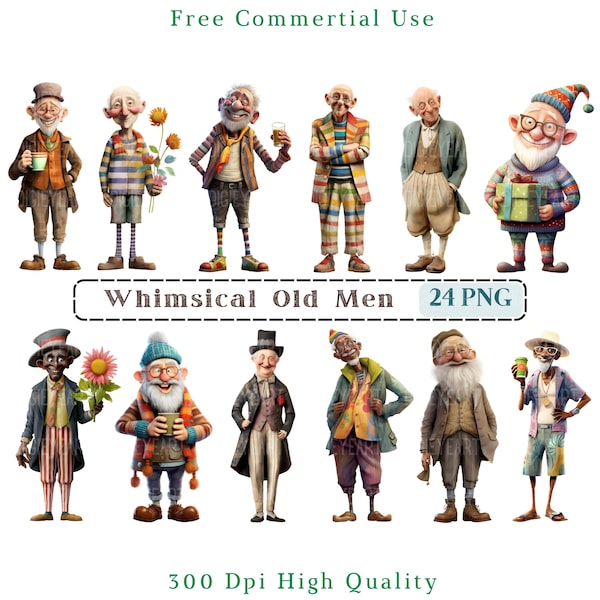 Clipart lunatique vieillards, technique mixte excentrique vieil homme CU Clip, graphiques PNG homme, fond Transparent, hommes rigolos, éléments fantaisistes