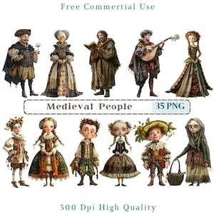 Skurrile mittelalterliche Menschen Clipart, Mixed Media schrullige Frau CU Clip Art, mittelalterliche Männer Grafiken PNG, transparenter Hintergrund, mittelalterliche Kinder