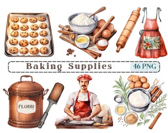 Clipart per forniture da forno ad acquerello, ClipArt da forno Png, Immagine strumenti da forno, Uso commerciale, Sfondo trasparente, 300 DPI, Chef di biscotti vassoio