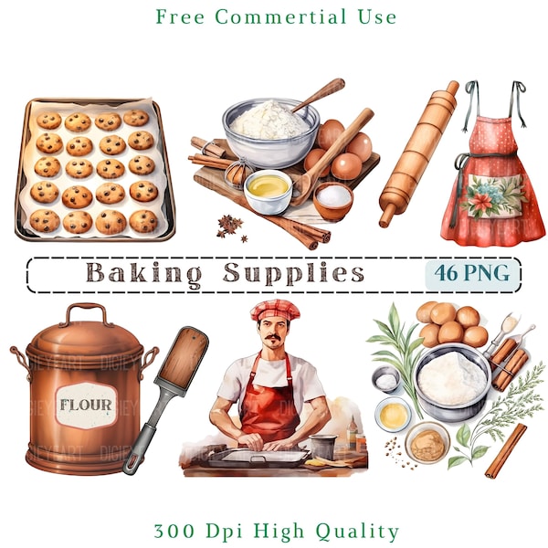 Watercolor Baking Supplies Clipart, Baking Clip Art Png, Bake Tools Image, Commercial Use, Transparent Background,300 DPI, Tray Cookies Chef