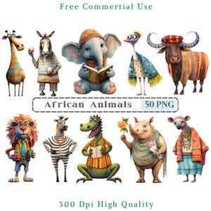 Whimsical African Animas Clipart, Mixed Media Quirky Animals CU Clip Art, Animal Graphics PNG, Difficile Cut Printables, Funny Safari Animals
