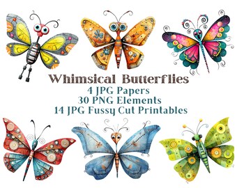 Imágenes prediseñadas de mariposa caprichosa, imágenes prediseñadas CU de mariposas extravagantes de medios mixtos, gráficos de polilla de primavera PNG, imprimibles de corte quisquilloso, elementos caprichosos