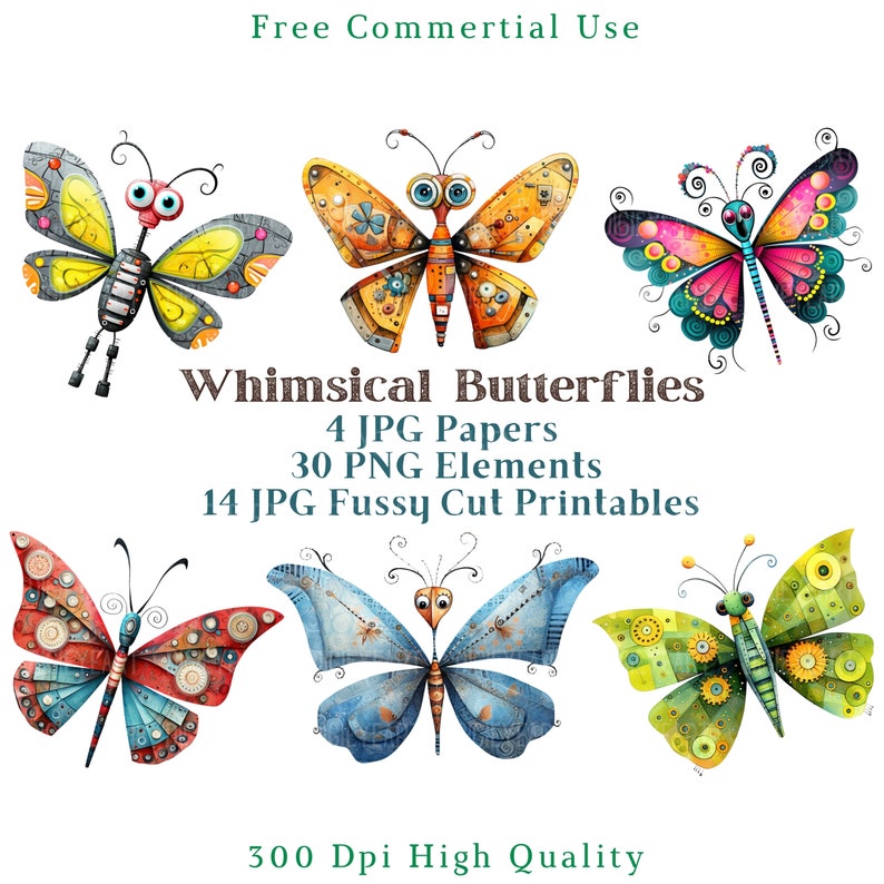 May include: Six whimsical butterflies with intricate details and a steampunk aesthetic. The butterflies are in various colors, including red, blue, green, yellow, and pink. The text "Whimsical Butterflies" is written in a decorative font.