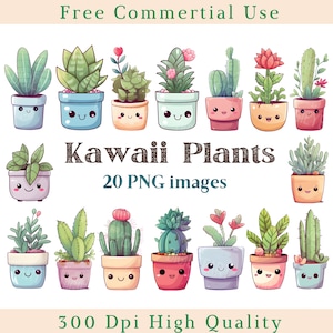 Kawaii Potplanten Clipart, Kawaii Plant Clip Art, Schattige Bloemen Png, Schattige Cactus Afbeeldingen, Bundel Transparante Achtergrondafbeeldingen, 300 DPI