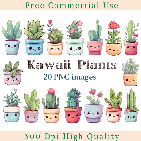 Kawaii Potted Plants Clipart, Kawaii Plant Clip Art, Cute Flowers Png, Cute Cactus Images, Bundle Transparent Backgound pictures, 300 DPI