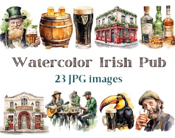 Watercolor Irish Pub Clipart, Guinness Clip Art, Irish Pub Jpg, Beer Images, Bundle White Backgound pictures, 300 DPI, Irish Vibe Pictures