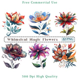 Grillige magische bloemen clipart, fantastische bloem CU illustraties, grillige elementen, transparante achtergrond, bloem graphics PNG, Floral Fantasy