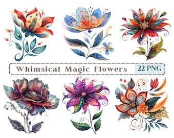 Whimsical Magic Flowers Clipart, Fantastic Flower CU Clip Art, Whimsical Elements, Transparent Background,Flower Graphics Png,Floral Fantasy