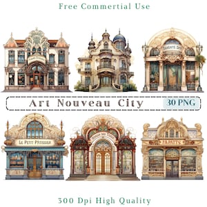 Clipart ville Art nouveau, clipart bâtiments, boutique, maison PNG, image de la ville, images de fond Transparent, 300 DPI, ville Art nouveau