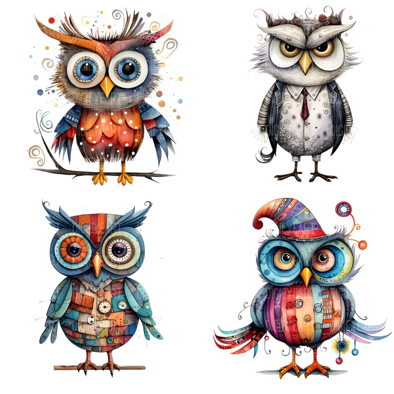 May include: Four colorful owl illustrations with different patterns and designs. Each owl has large eyes and a unique personality.
