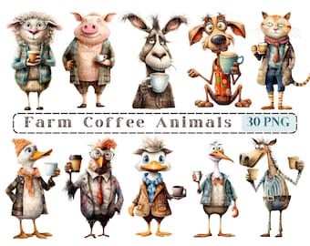 Imágenes prediseñadas caprichosas de animas de café de granja, imágenes prediseñadas CU de animales extravagantes de medios mixtos, animales con gráficos de café PNG, elementos caprichosos, granja divertida