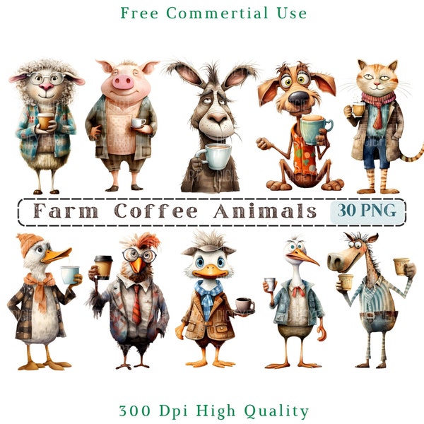 Skurrile Bauernhof Kaffee Animas Clipart, Mixed Media schrullige Tiere CU Clip Art, Tier mit Kaffee Grafiken PNG, skurrile Elemente, lustige Farm