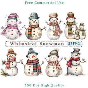May include: Set of 23 whimsical watercolor snowman illustrations in PNG format. The snowmen are dressed in various wintery outfits with scarves, hats, and buttons. The illustrations are perfect for adding a festive touch to your digital projects.