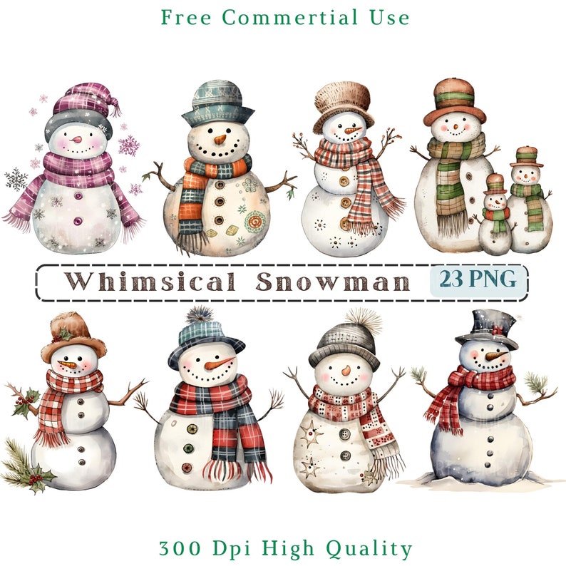 May include: Set of 23 whimsical watercolor snowman illustrations in PNG format. The snowmen are dressed in various wintery outfits with scarves, hats, and buttons. The illustrations are perfect for adding a festive touch to your digital projects.