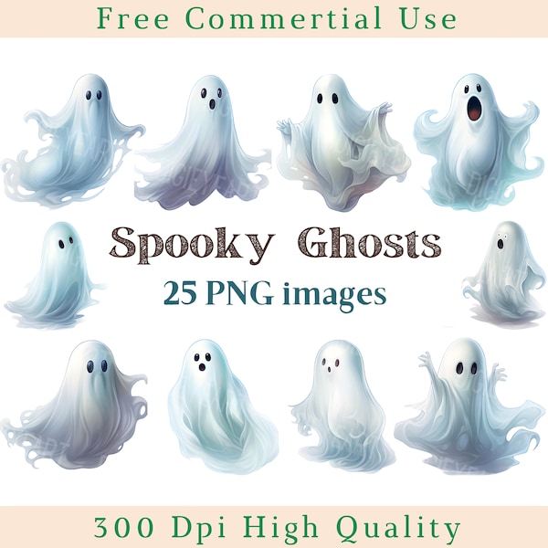Spooky Ghosts Clipart, Ghost Clip Art Png, Halloween Spirits Image, Commercial Use, Bundle Transparent Background picture, 300 DPI, Phantoms