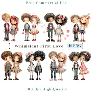 Imágenes prediseñadas caprichosas del primer amor, imágenes prediseñadas de CU para niños extravagantes de medios mixtos, gráficos de parejas de niños y niñas PNG, elementos caprichosos, San Valentín lindo