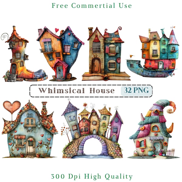 Clipart maison lunatique, technique mixte maison originale CU Clip Art Png, image de bâtiment de chaussure, maisons en sublimation, bateau maison graphiques Scrapbooking