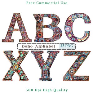 Imágenes prediseñadas del alfabeto boho, imágenes prediseñadas de letras CU, iniciales boho PNG, imágenes de letras extravagantes y coloridas, imágenes de fondo transparente, 300 DPI