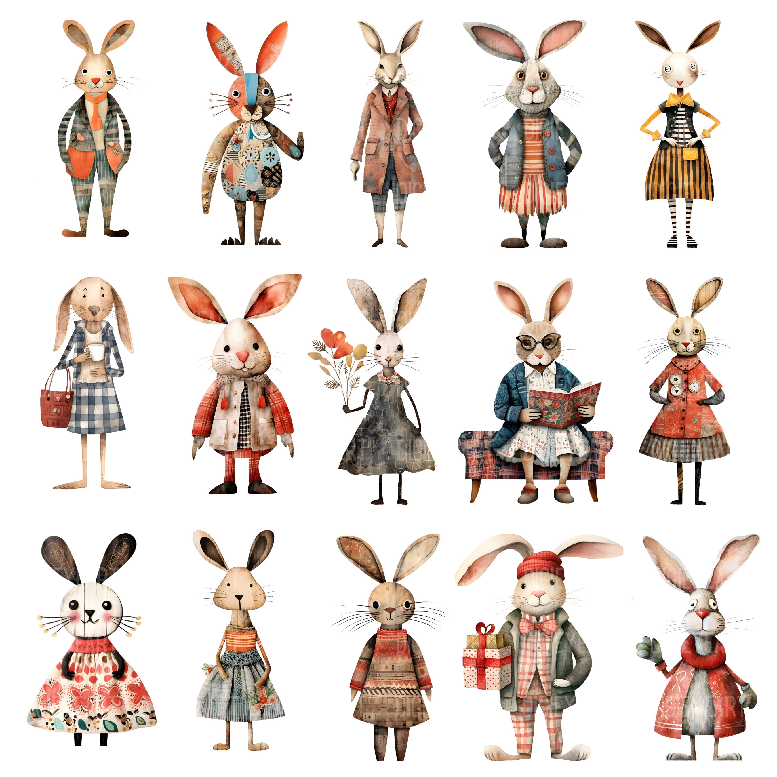 Whimsical Rabbit Clipart, Quirky Bunny Clip Art, Cute Mixed Media ...