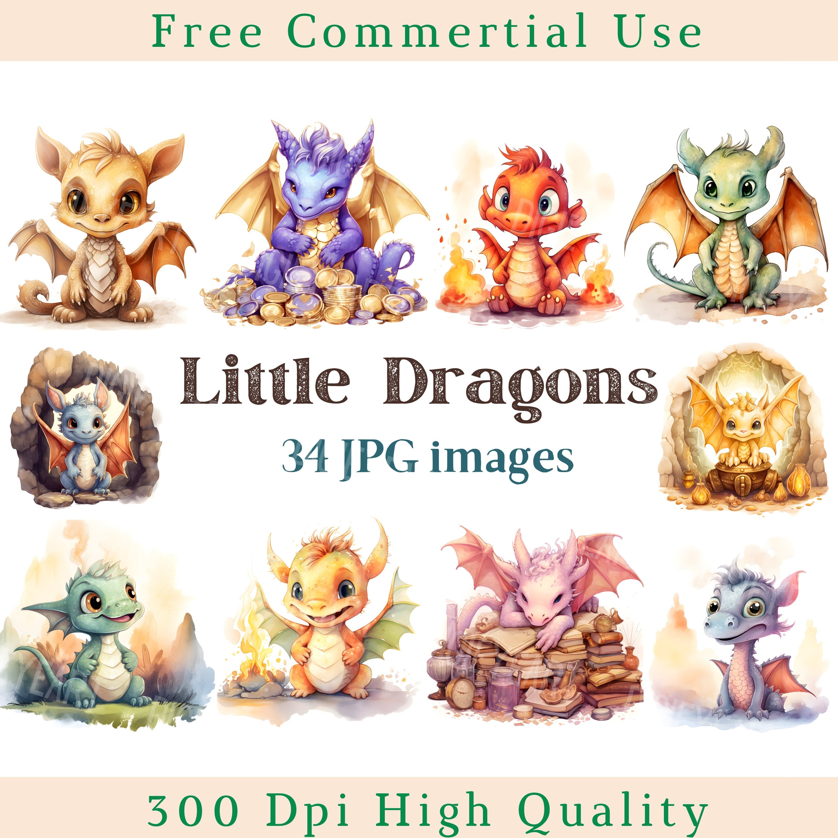 Cute Little Dragon Clipart, Watercolor Dragons Clip Art, Magic Animal ...