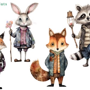 Peut inclure: Quatre illustrations &agrave; l'aquarelle d'animaux anthropomorphes v&ecirc;tus de v&ecirc;tements. Un renard, un lapin, un raton laveur et un autre renard sont repr&eacute;sent&eacute;s dans un style fantaisiste.
