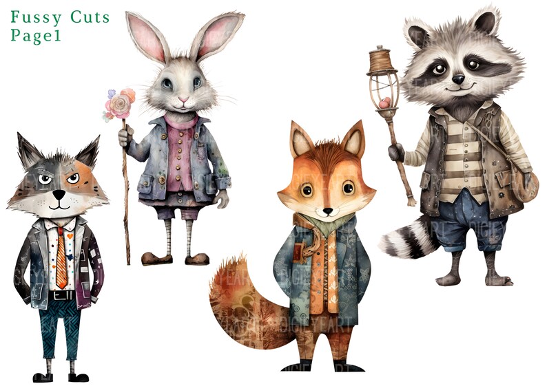 Peut inclure: Quatre illustrations &agrave; l'aquarelle d'animaux anthropomorphes v&ecirc;tus de v&ecirc;tements. Un renard, un lapin, un raton laveur et un autre renard sont repr&eacute;sent&eacute;s dans un style fantaisiste.
