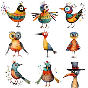 Puede incluir: Nueve p&aacute;jaros coloridos y caprichosos con diferentes patrones y dise&ntilde;os. Cada p&aacute;jaro tiene una personalidad y caracter&iacute;sticas &uacute;nicas, incluyendo un sombrero, una corona y un pico largo.