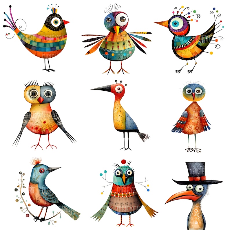 Puede incluir: Nueve p&aacute;jaros coloridos y caprichosos con diferentes patrones y dise&ntilde;os. Cada p&aacute;jaro tiene una personalidad y caracter&iacute;sticas &uacute;nicas, incluyendo un sombrero, una corona y un pico largo.