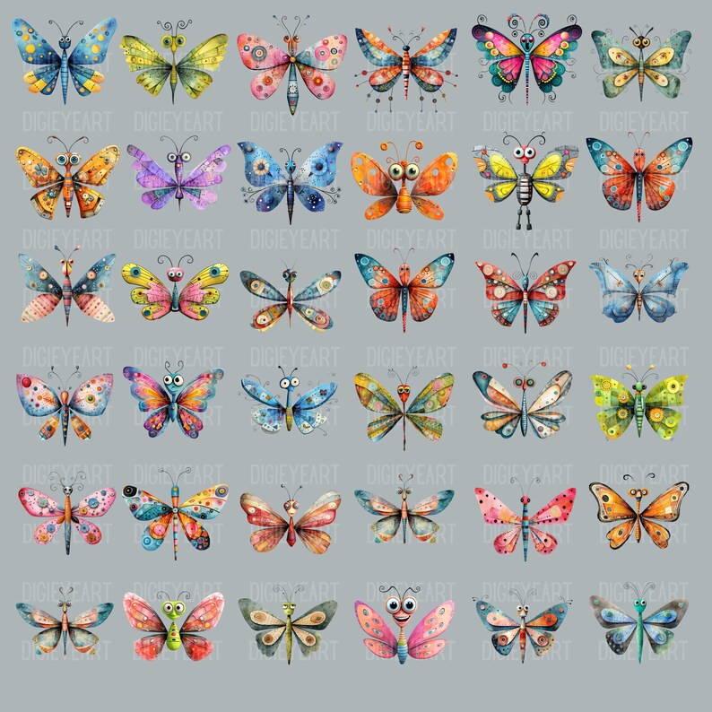 May include: A set of 36 colorful watercolor butterfly illustrations. Each butterfly has a unique design and pattern, with details like polka dots, stripes, and geometric shapes. The butterflies are arranged in a grid pattern on a light gray background.