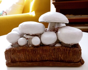 Clay sculpture of  button mushrooms , white champignon,  realistic handmade figure , clay centerpiece , cottagecore gift, kitchen decor.