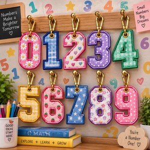 Puede incluir: Un conjunto de diez llaveros numéricos bordados del 0 al 9, cada uno con patrones únicos como margaritas, cuadros vichy, corazones, lunares, estrellas y fresas. Cada número está unido a un gancho de mosquetón de metal dorado.