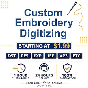 May include: A graphic advertisement for custom embroidery digitizing services featuring a needle and yellow thread. Text includes Custom Embroidery Digitizing, file formats like DST, PES, EXP, JEF, VP3, ETC, and icons for 1 hour turnaround, 24 hours service, and 100% satisfaction.