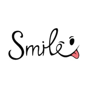 Clipart inspirador: Cursivo preto fino e sofisticado / Script Palavra em maiúscula "Sorriso" com design de olhos de rosto feliz - download digital SVG e PNG