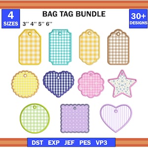May include: A digital collection of bag tags featuring 4 sizes of 3, 4, 5, and 6 inches and 30+ designs. The set includes various shapes like rectangles, circles, hearts, and stars with gingham, floral, and polka dot patterns in multiple colors.