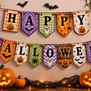 May include: A Halloween banner featuring two rows of fabric pennants with the text HAPPY HALLOWEEN. Each pennant displays festive patterns including pumpkins, ghosts, bats, spiders, and webs in orange, purple, green, and white, accented by black bows.