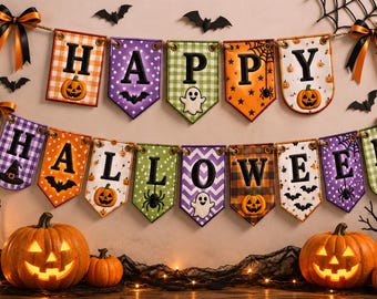 May include: A Halloween banner featuring two rows of fabric pennants with the text HAPPY HALLOWEEN. Each pennant displays festive patterns including pumpkins, ghosts, bats, spiders, and webs in orange, purple, green, and white, accented by black bows.