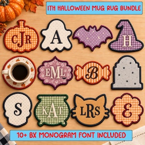 May include: A collection of twelve embroidered Halloween-themed mug rugs featuring various shapes including a pumpkin, ghost, bat, witch hat, candy, tombstone, skull, cauldron, and cat. Several pieces display monogrammed letters and patterns.